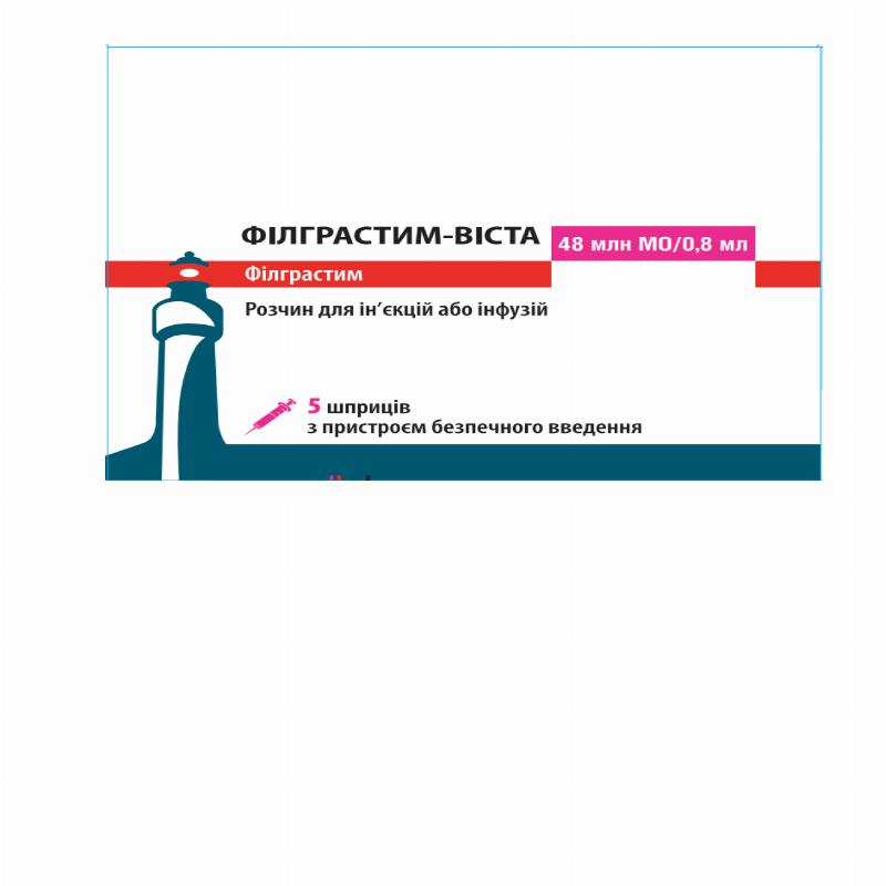 ФІЛГРАСТИМ-ВІСТА розчин для ін’єкцій або інфузій по 48млн МО/0,8 мл; по 0,8мл(48млн МО) у попередньо наповненому шприці, з пристроєм для безпечного введення; №5
